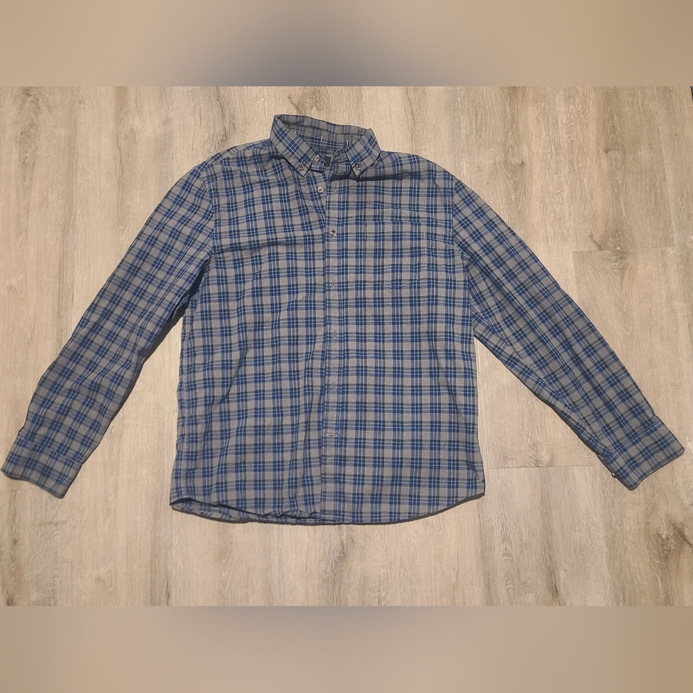 Banana Republic Men's L Untucked Slim Fit Shirt LS Button Down Gray/Blue Plaid